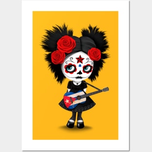 Sugar Skull Girl Playing Cuban Flag Guitar Posters and Art